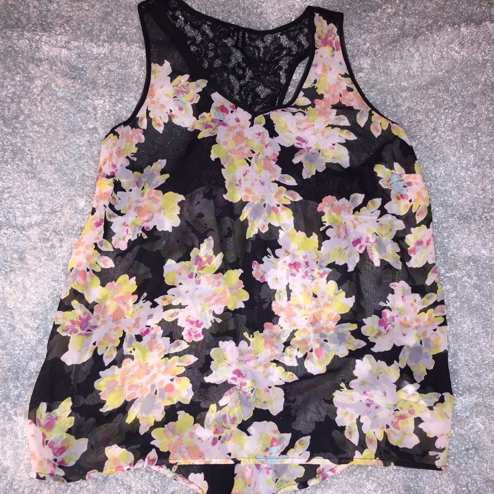 Sheer floral top with black lace Maurice’s size 1